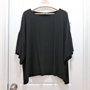 Eileen Fisher Flutter Sleeve Silk Georgette Boxy Top Black Size XL
